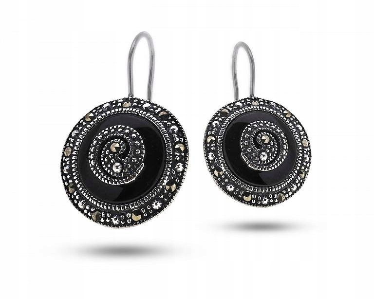 Stříbrné náušnice s černým onyxem, závěsné, originální vzor, široké 925