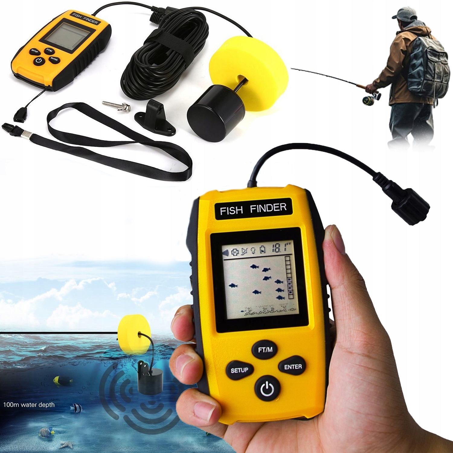 Echo-sonda Echosonda Wędkarska Sonar Bezprzewodowa Do Łódki Zanętowej 100M