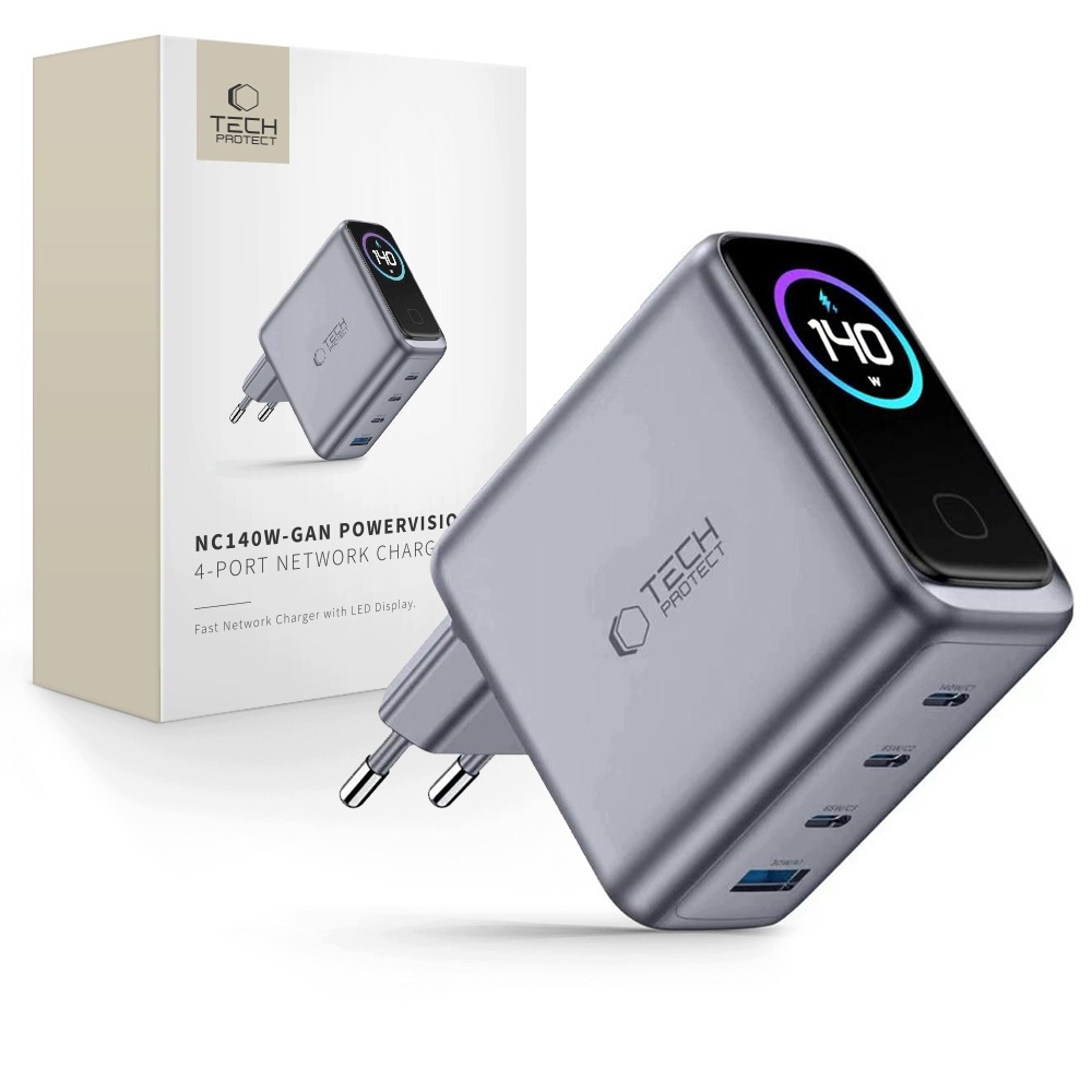 Výkonná Síťová Nabíječka S Displejem 140W Usb-c Usb-a 4 Zásuvky