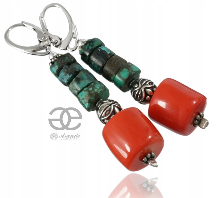 Stříbrné krásné Náušnice Přírodní Korál Tyrkys