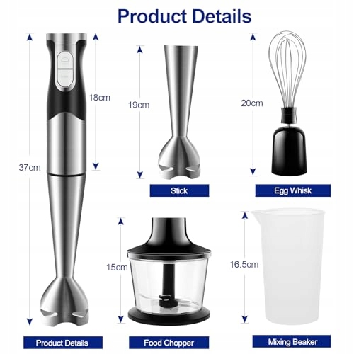 NWOUIIAY Blender Ręczny 6w1 1200W Zestaw Stalowy Do Zup Sałatek Warzyw — miniatura 8