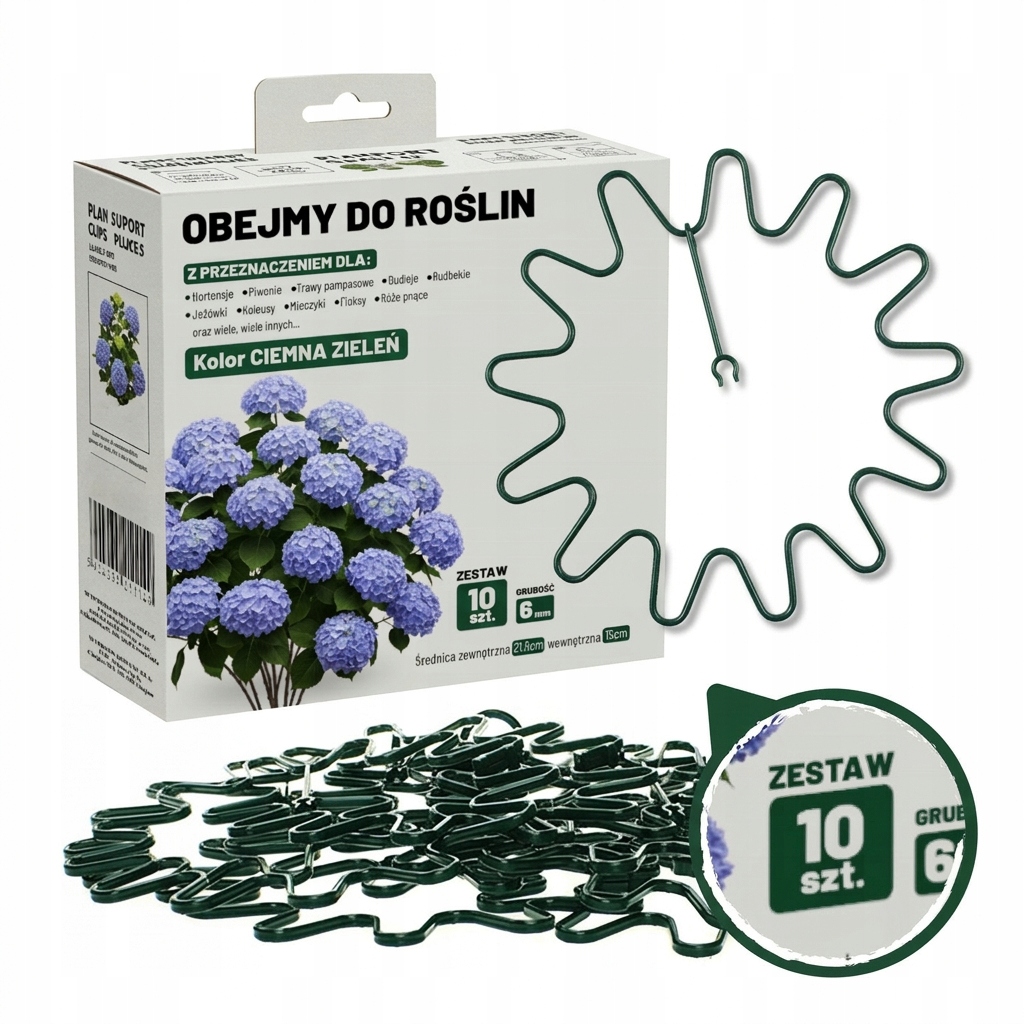OBEJMY DO HORTENSJI 10 sztuk fi 6 ZIELONA ELASTYCZNA PODPORA RING DO ROŚLIN