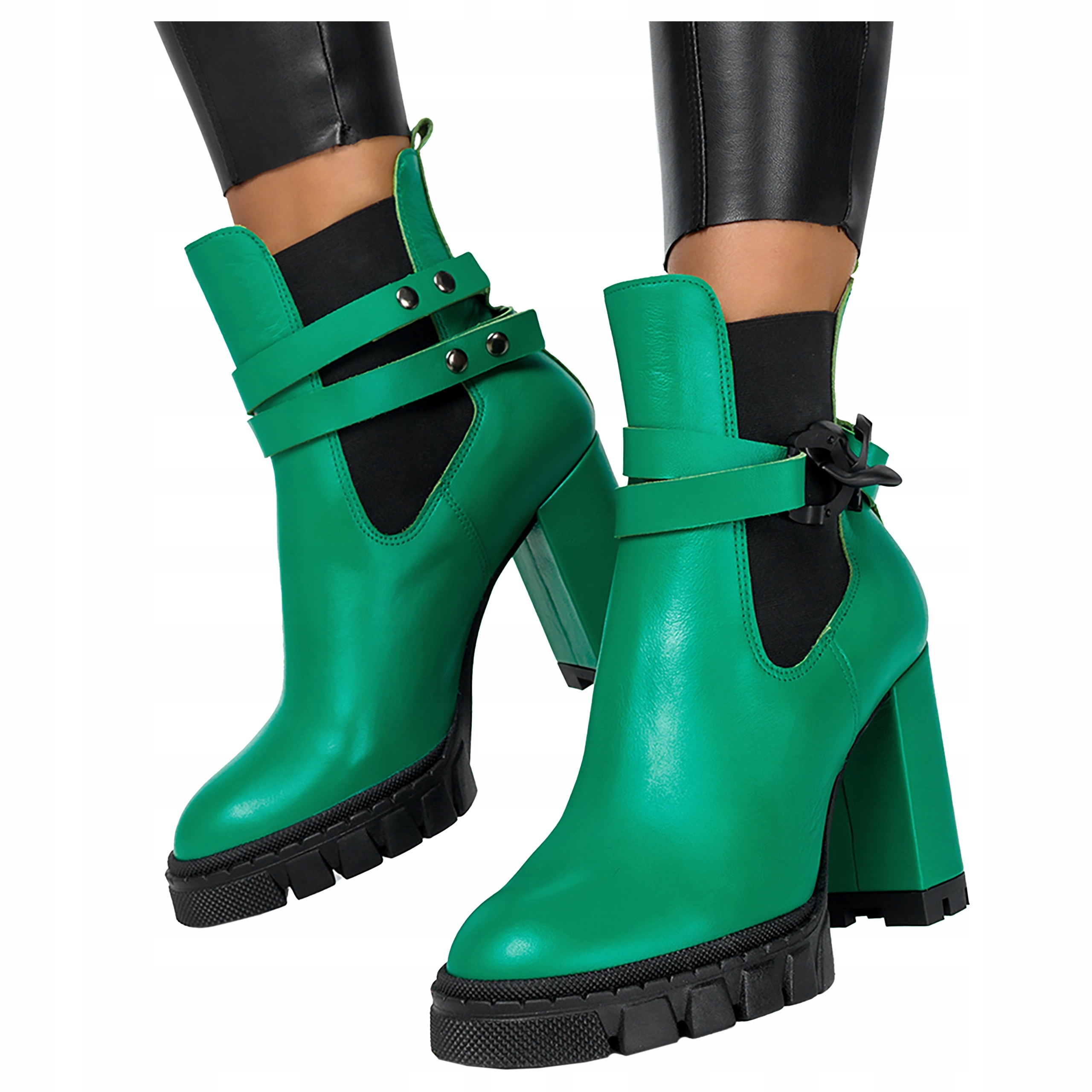 Zelené Kotníkové Boty na podpatku s řetězem, Polský Výrobek, velikost 41