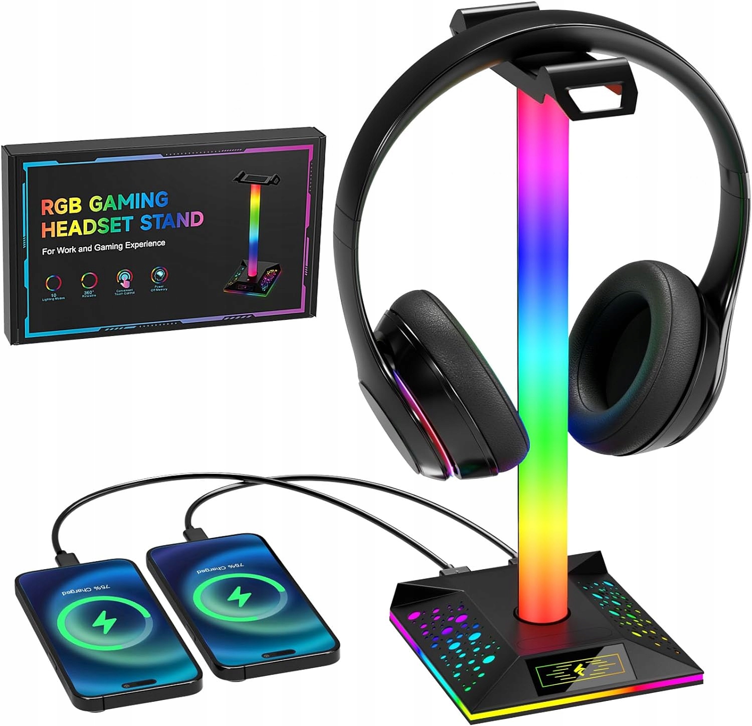 STOJAK NA SŁUCHAWKI DO GIER ZE ŚWIATŁEM RGB, Z 2 PORTAMI USB, DO SŁUCHAWEK