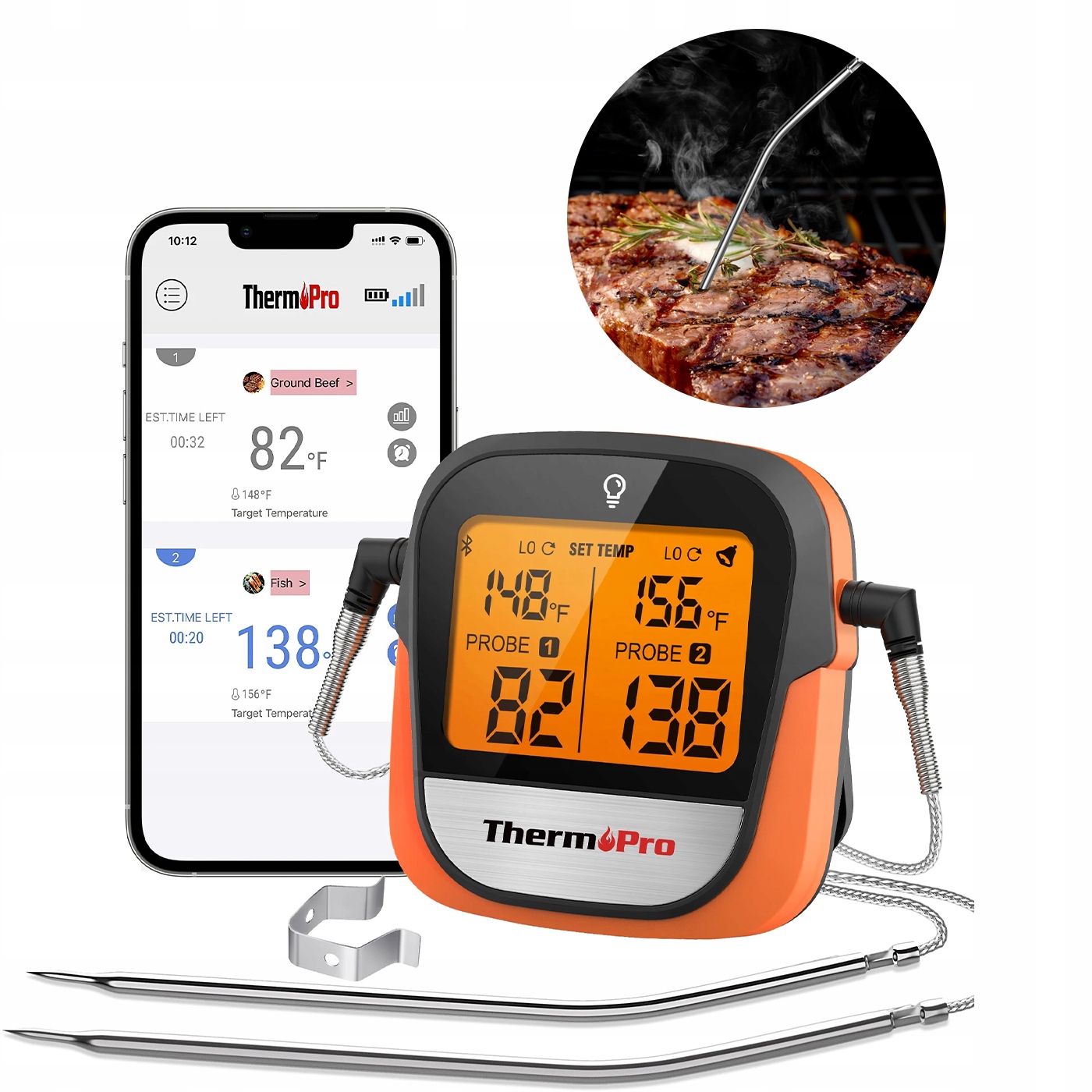 Bezdrôtový teplomer na mäso Bluetooth, 2 sondy, dosah Termostatu 135 m