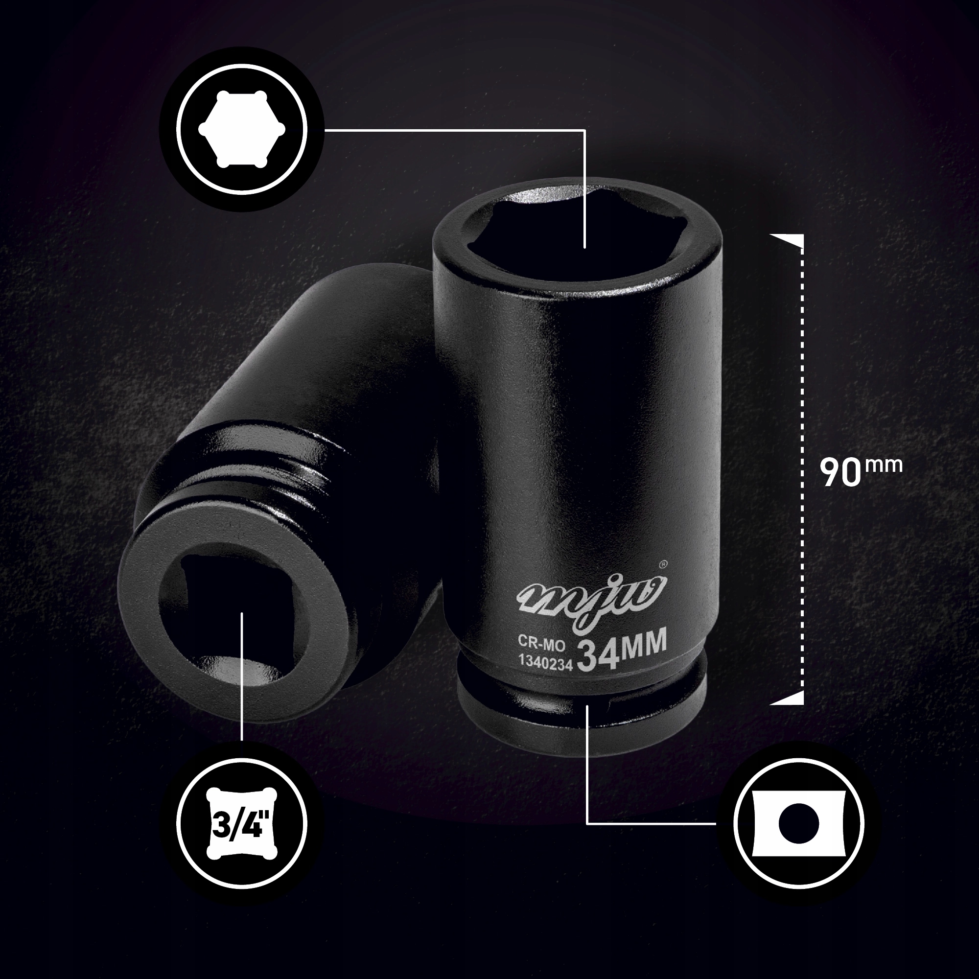 MJW Zestaw nasadek udarowych długich 3/4" Mocowanie 3/4