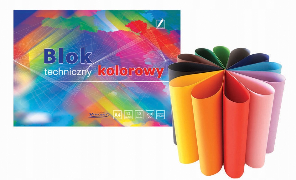 BLOK TECHNICZNY 12 KOLOROWYCH KARTEK ARKUSZY A4 VINCENT Kreska