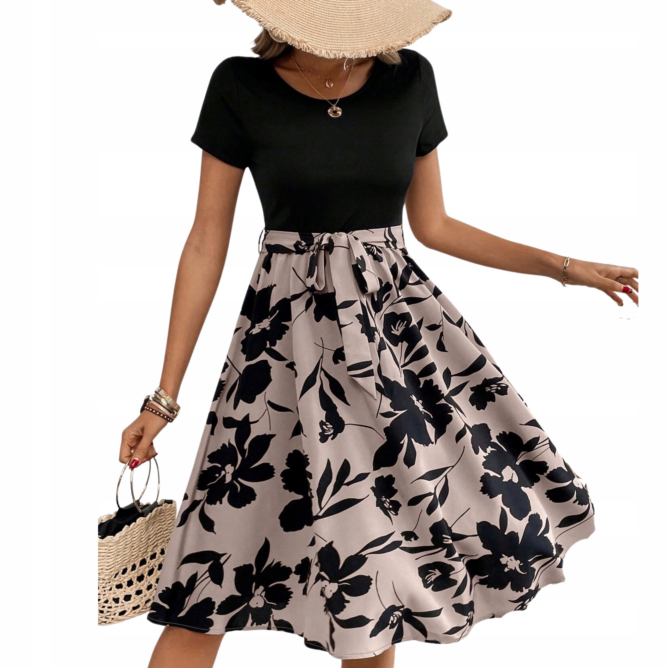 Sukienka damska midi zwiewna luźna rozkloszowana letnia wzorzysta kwiatowa