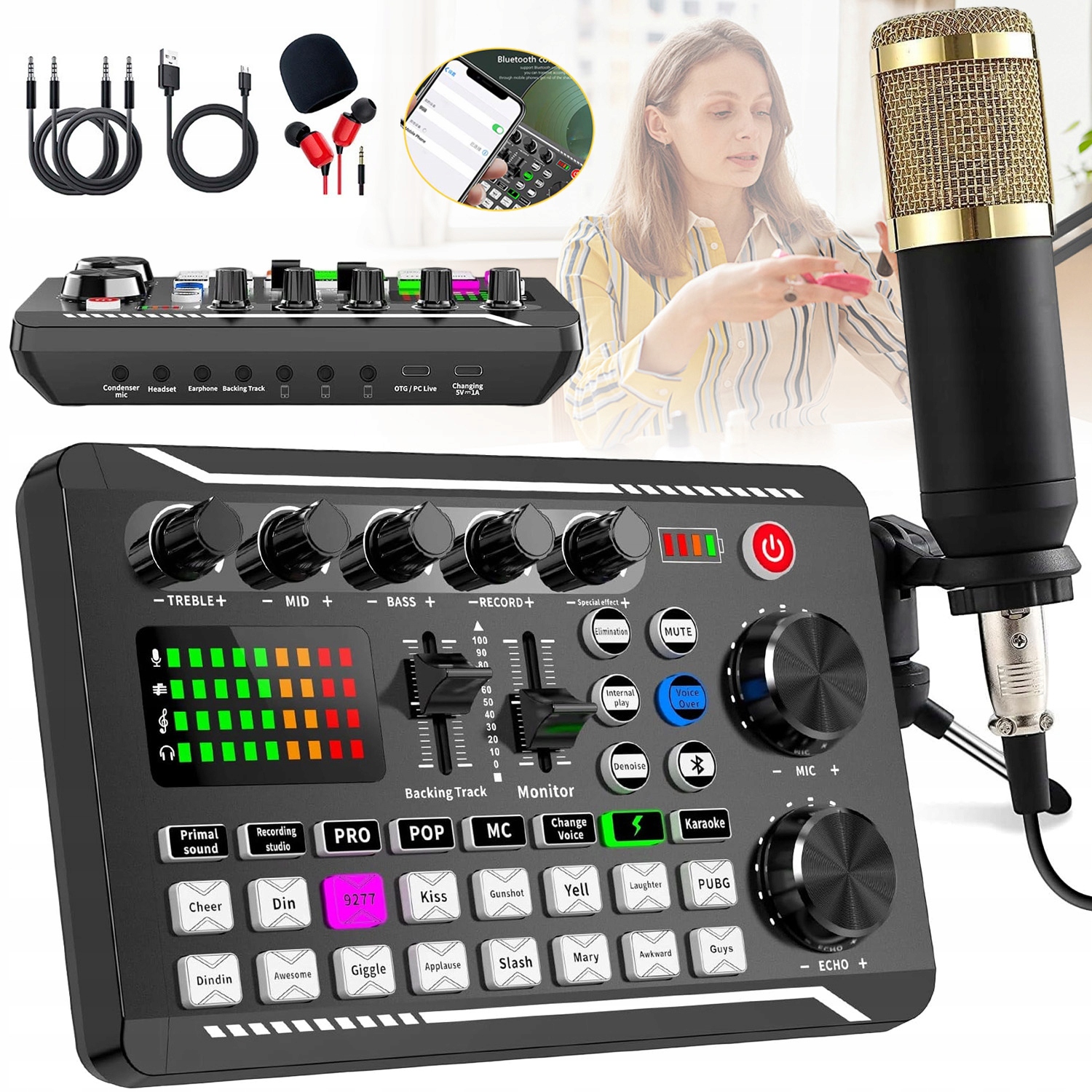 Mixážní Pult Audio Hudební Zvuková Karta Kondenzátorový Mikrofon Multifunkční
