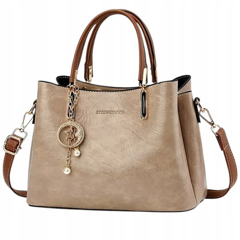 Torebka Damska Brązowa Beżowa na Ramię Pasek do Ręki na Zamek Kuferek