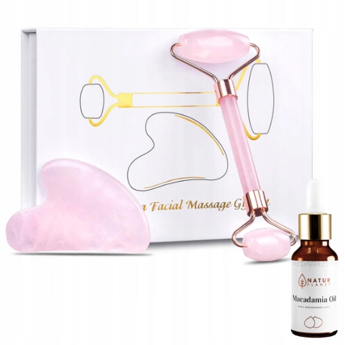 ROLLER WAŁEK KWARCOWY PŁYTKA GUA SHA PUDEŁKO OLEJ