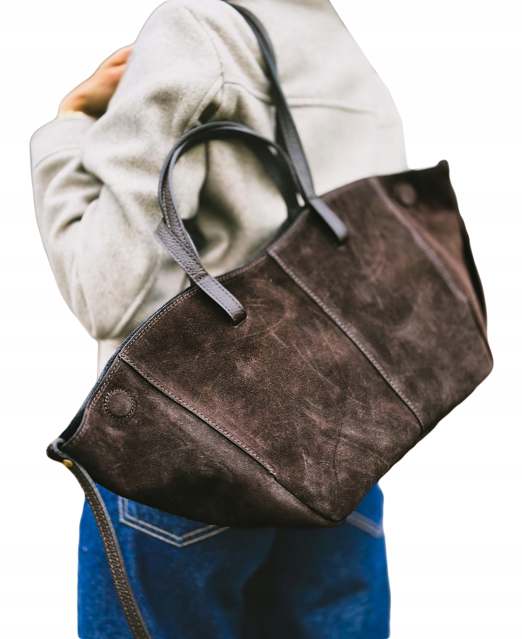 Prostorná dámská kožená kabelka Shopper přes rameno, přírodní semiš, Hnědá