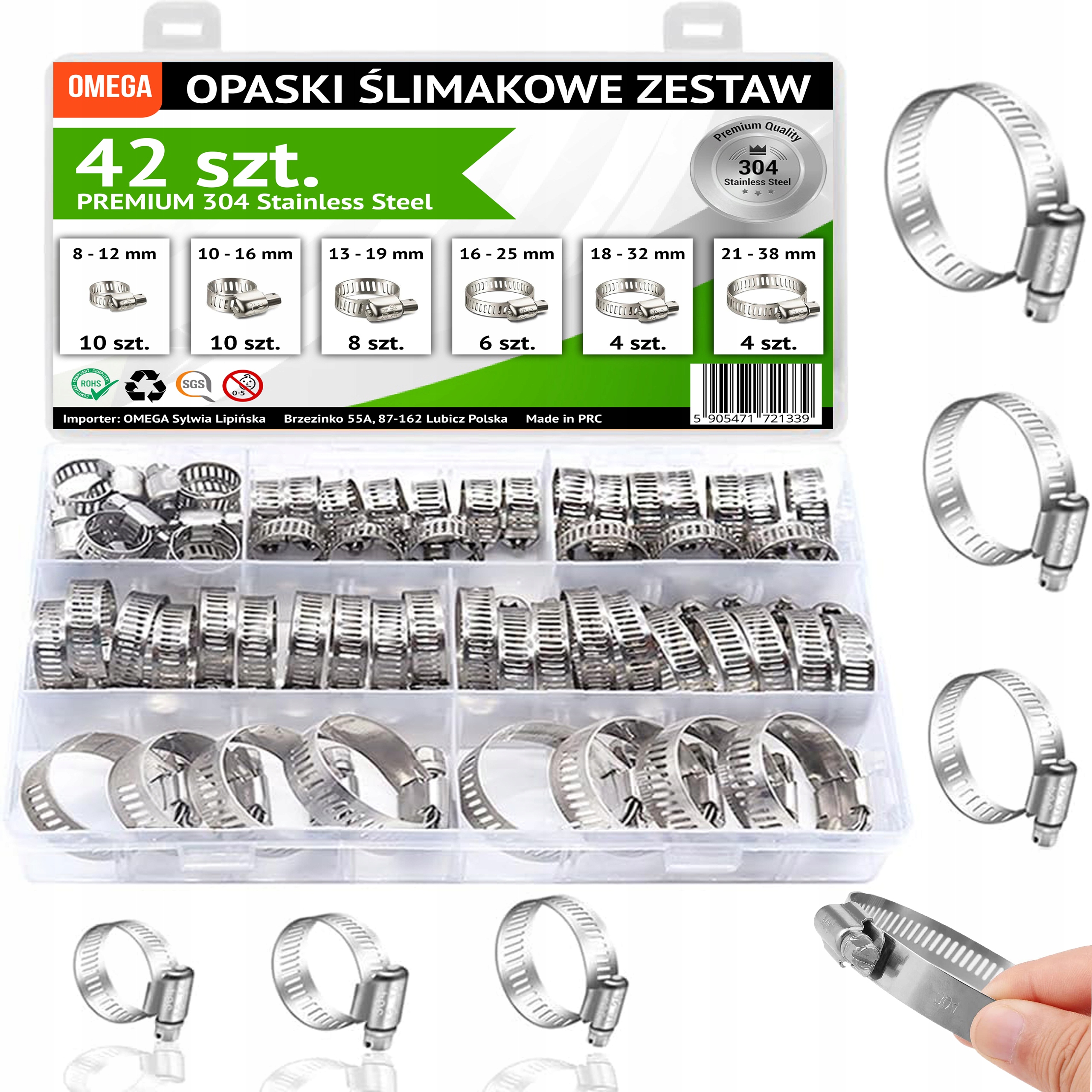 Zestaw 42szt Obejma Opaski Ślimakowe Metalowe 304 Stal Nierdzewna Odporne