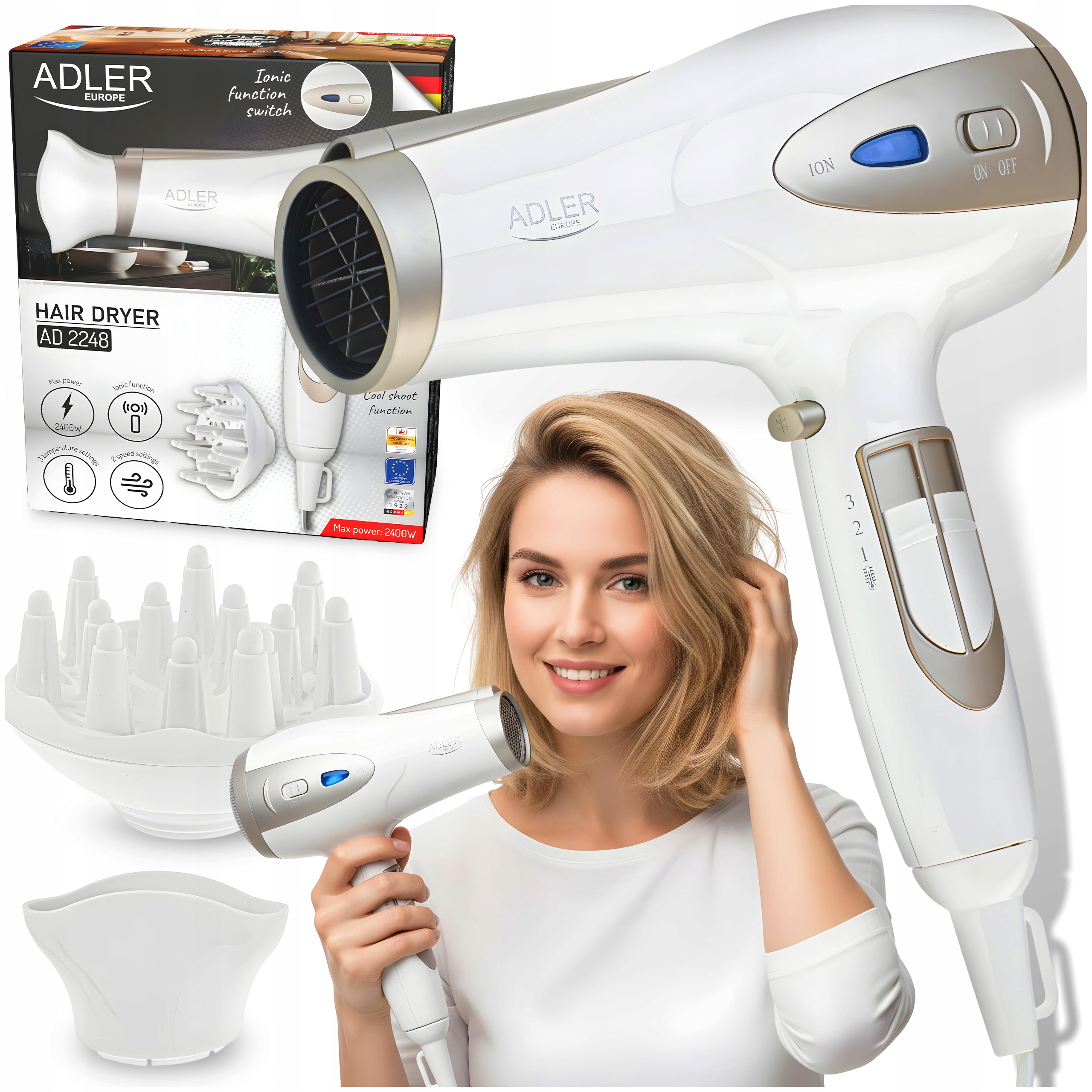 Suszarka Do Włosów Dyfuzor Z Jonizacją Mocna 2400 W Zimny Nawiew Regulacja