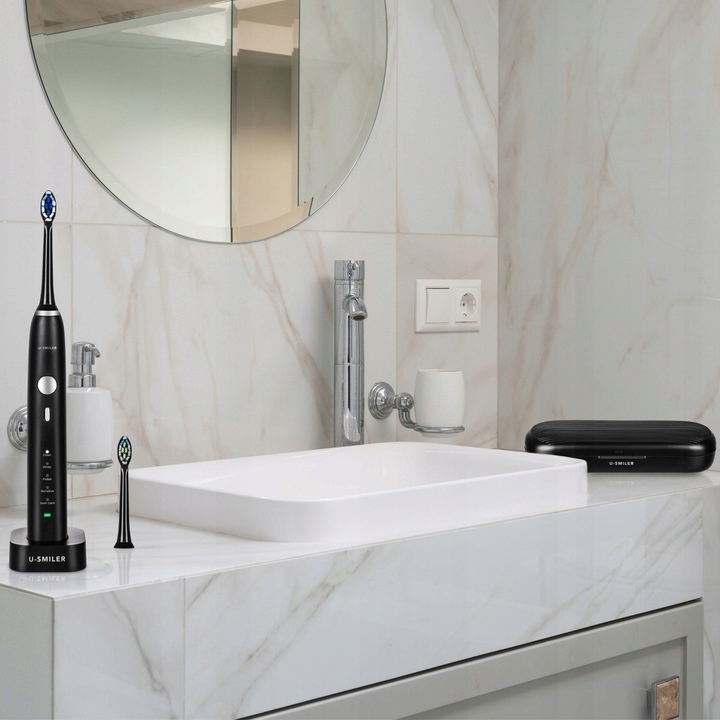 SZCZOTECZKA SONICZNA DO ZĘBÓW ELEKTRYCZNA U-SMILER IPX8 ETUI 2 KOŃCÓWKI PRO Kolor dominujący czarny