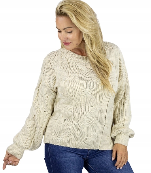 Teplý svetr s nadýchanou copánkovou vazbou Bufiaste rukávy Amelia unisize