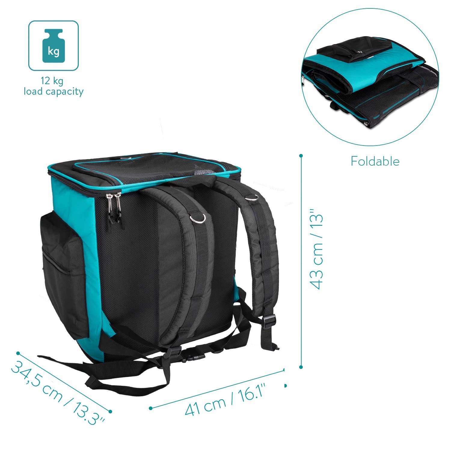 Levně Batoh Navaris pro psa nebo kočku Tyrkysově černý 41x34,5x43 cm do 12 kg