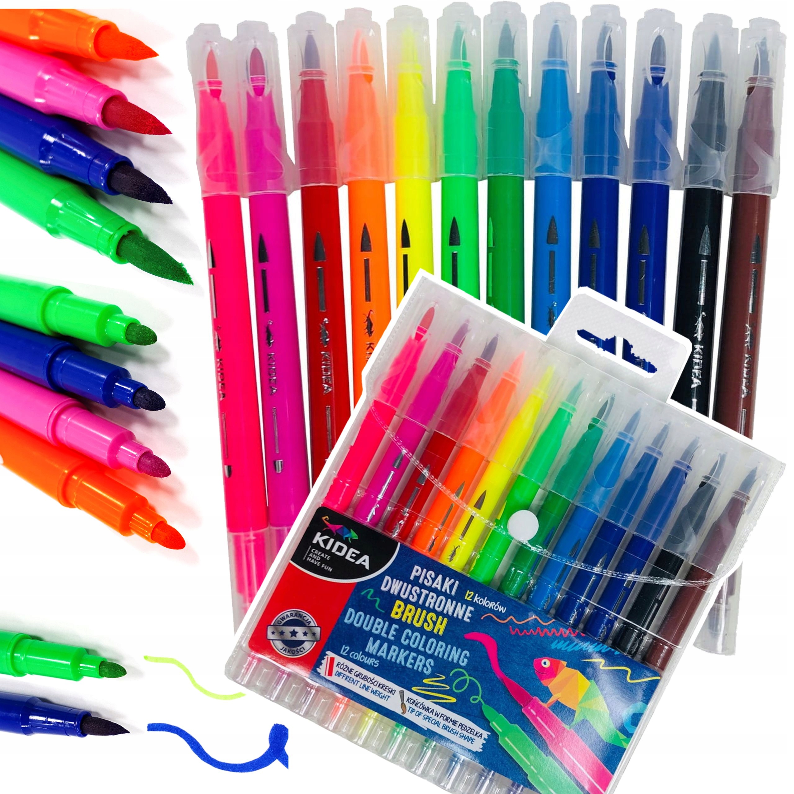 KIDEA FLAMASTRY PISAKI DWUSTRONNE PĘDZELKOWE 12kol