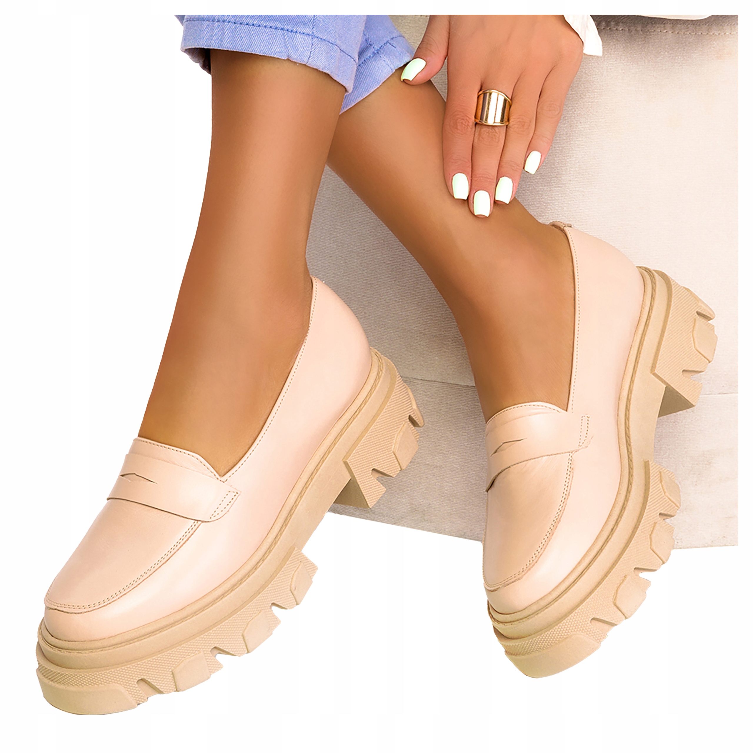 Mokasíny Na Platformě Polské Kožené Polobotky 39