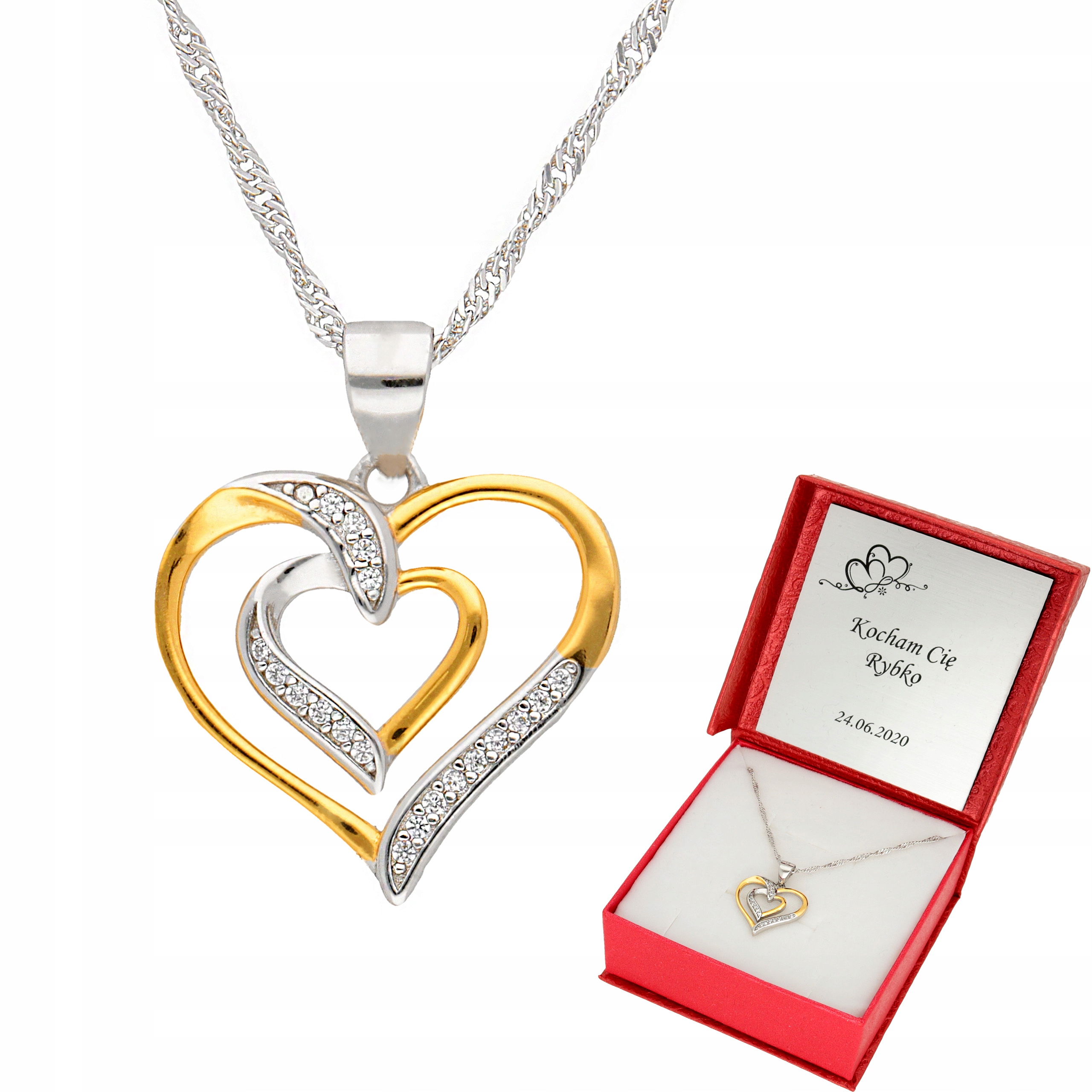 

Łańcuszek srebrny damski Serce 925 Cyrkonie Grawer