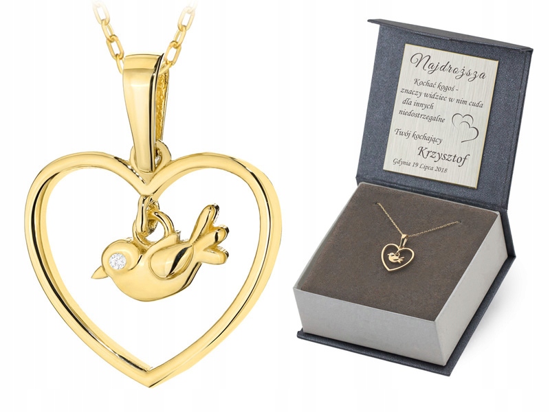 Zlatý Komplet pr. 585 Řetízek 42 cm a přívěsek Srdce s ptákem 14k