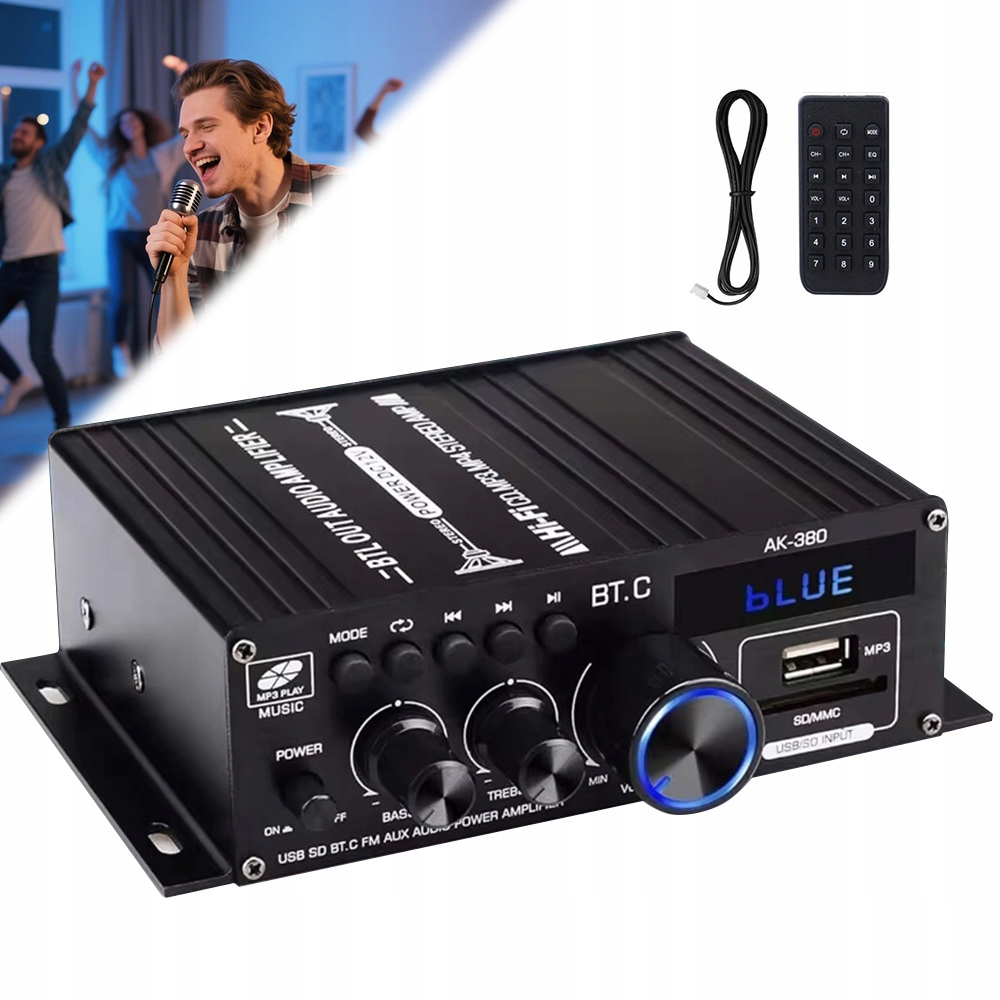 Mini Amplituner 12V 2x40W Usb Sd Fm Pilot Bt 5.3 Do Kolumn Głośników