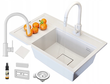 Dřez Bílá Granitová Kuchyňská Baterie Moderní Set Rendo Pravá Komora