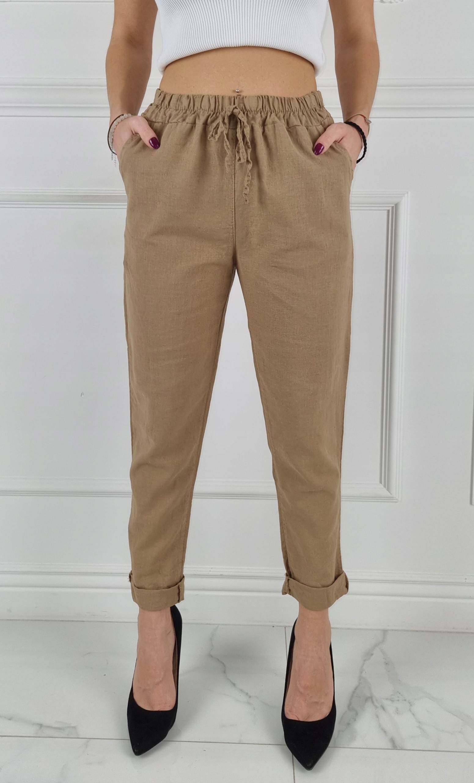 ELASTYCZNE - SPODNIE - DAMSKIE - W GUMKĘ - LNIANE Marka inna