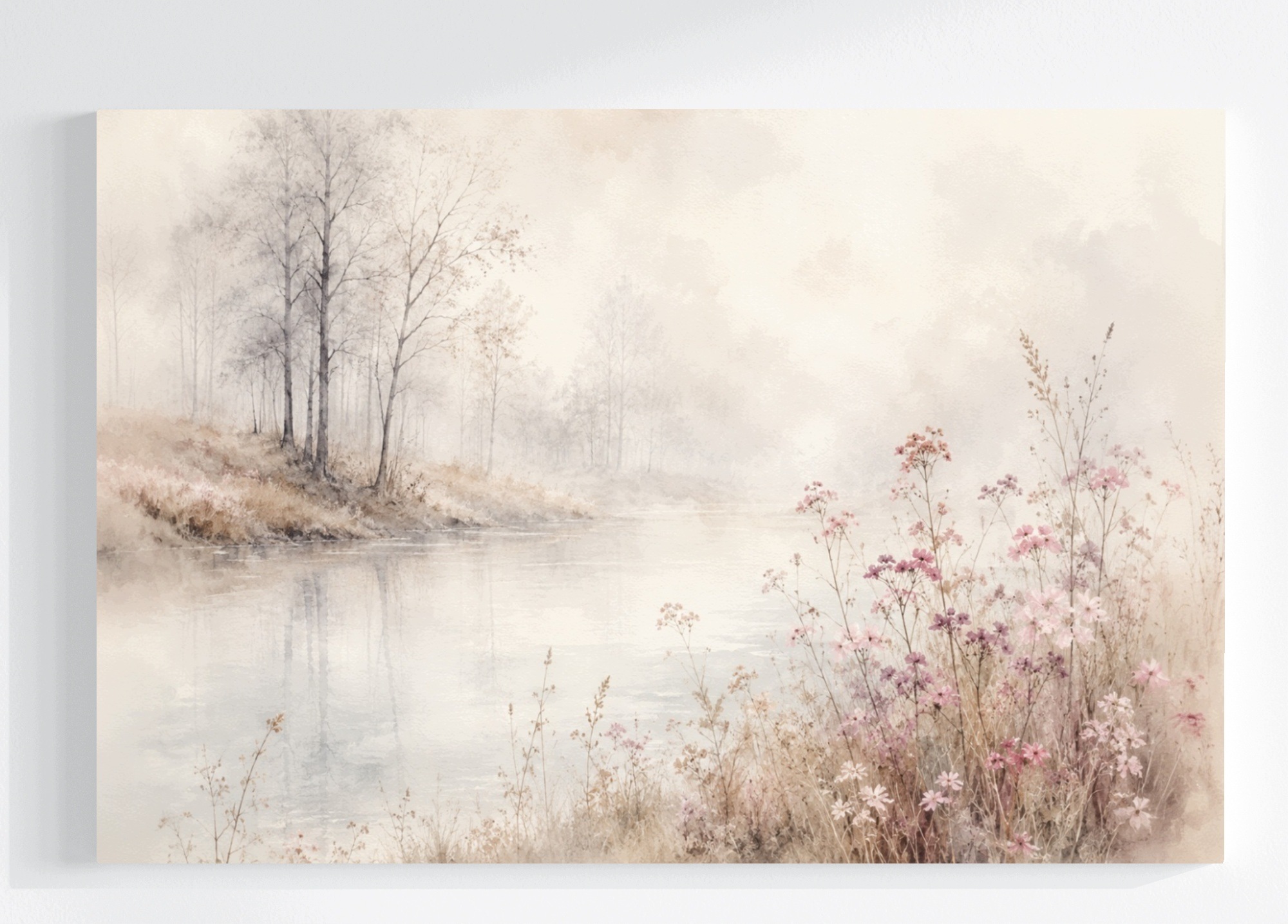 Obraz Na Plátně Canvas Krajina Pohled Řeka Mlha Stromy Růžové Květy 120x80