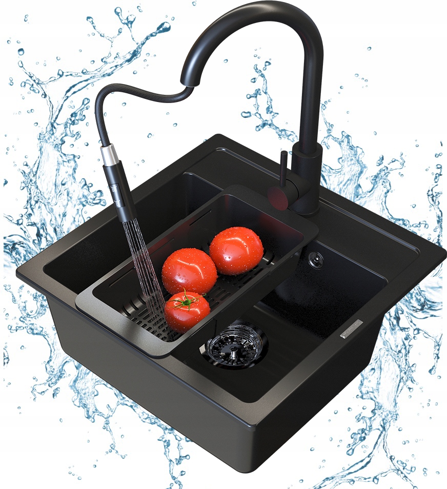 Granitový dřez Černý Malmo Sada Dřez baterie Loseto černá sifon