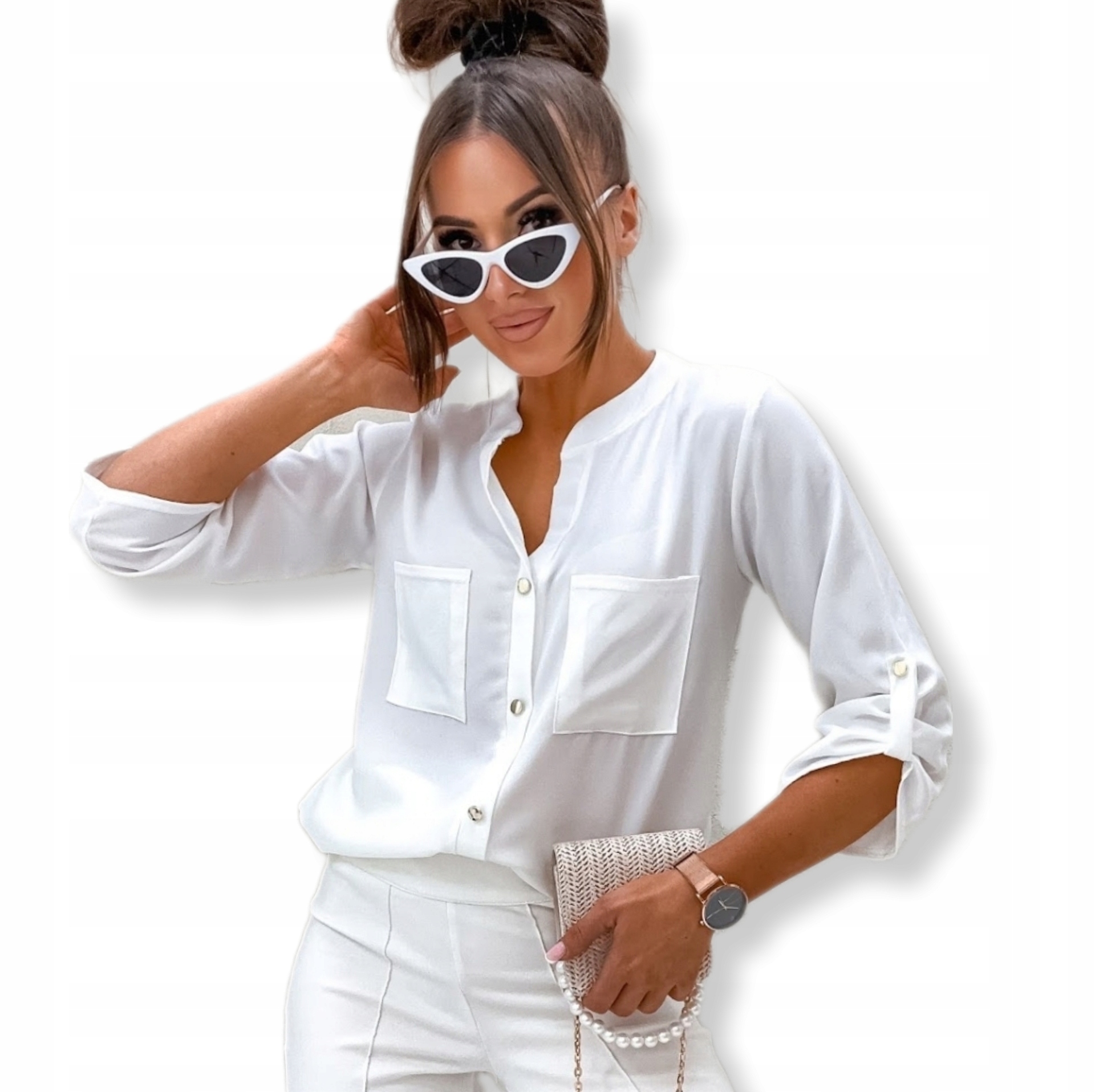 DAMSKA ELEGANCKA BLUZKA KOSZULA LUŹNA OZDOBNE GUZIKI PL PRODUCENT BIAŁA M