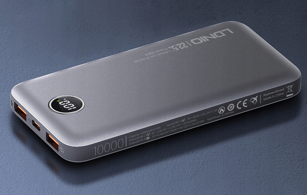 Powerbank LDNIO PQ10, 2xUSB, USB-C, 22.5W PD, QC 3.0, 10000 mAh LED Napięcie nominalne 12 V