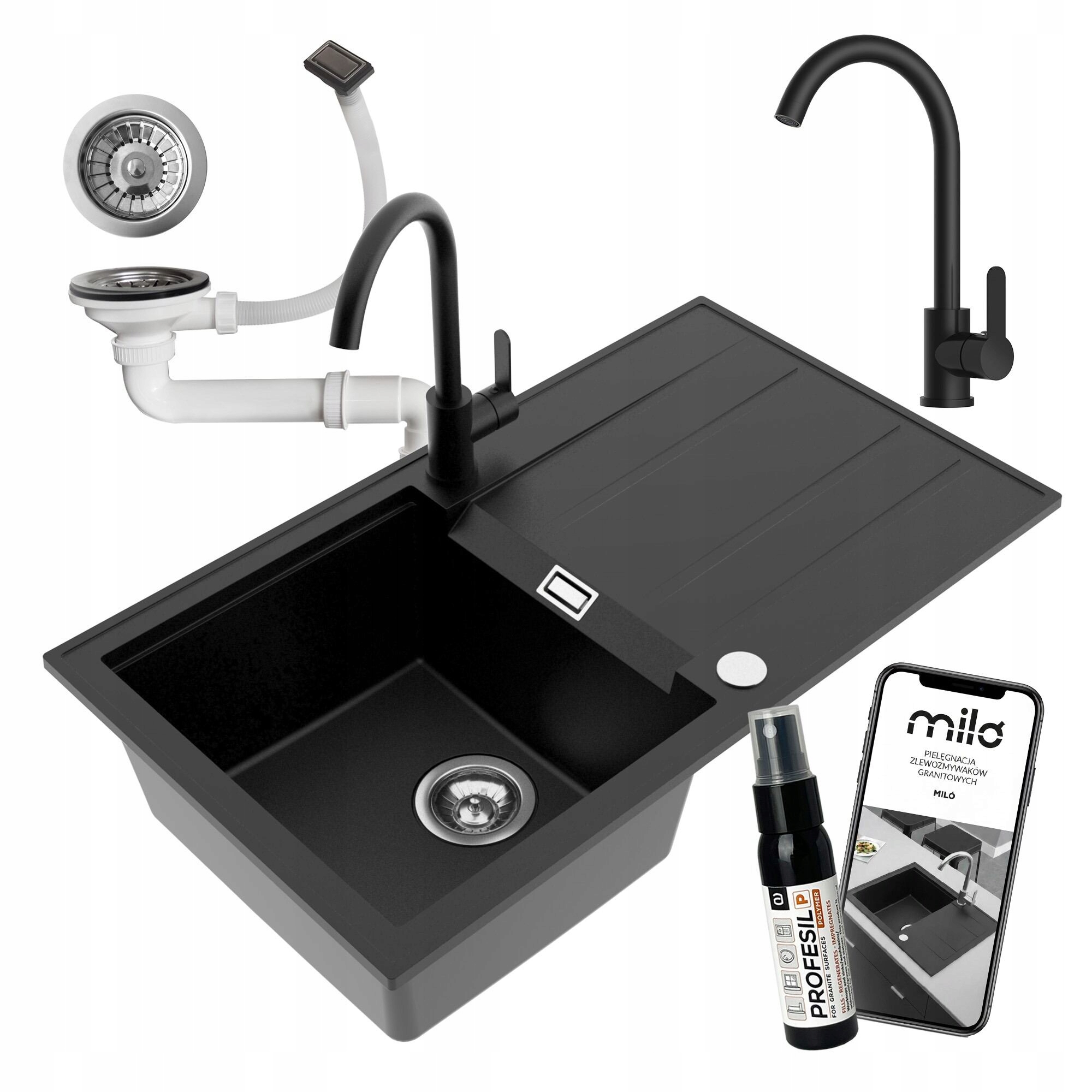 Granitový Jednokomorový Drez Miló Avangard, Sada Sifónov, Batéria