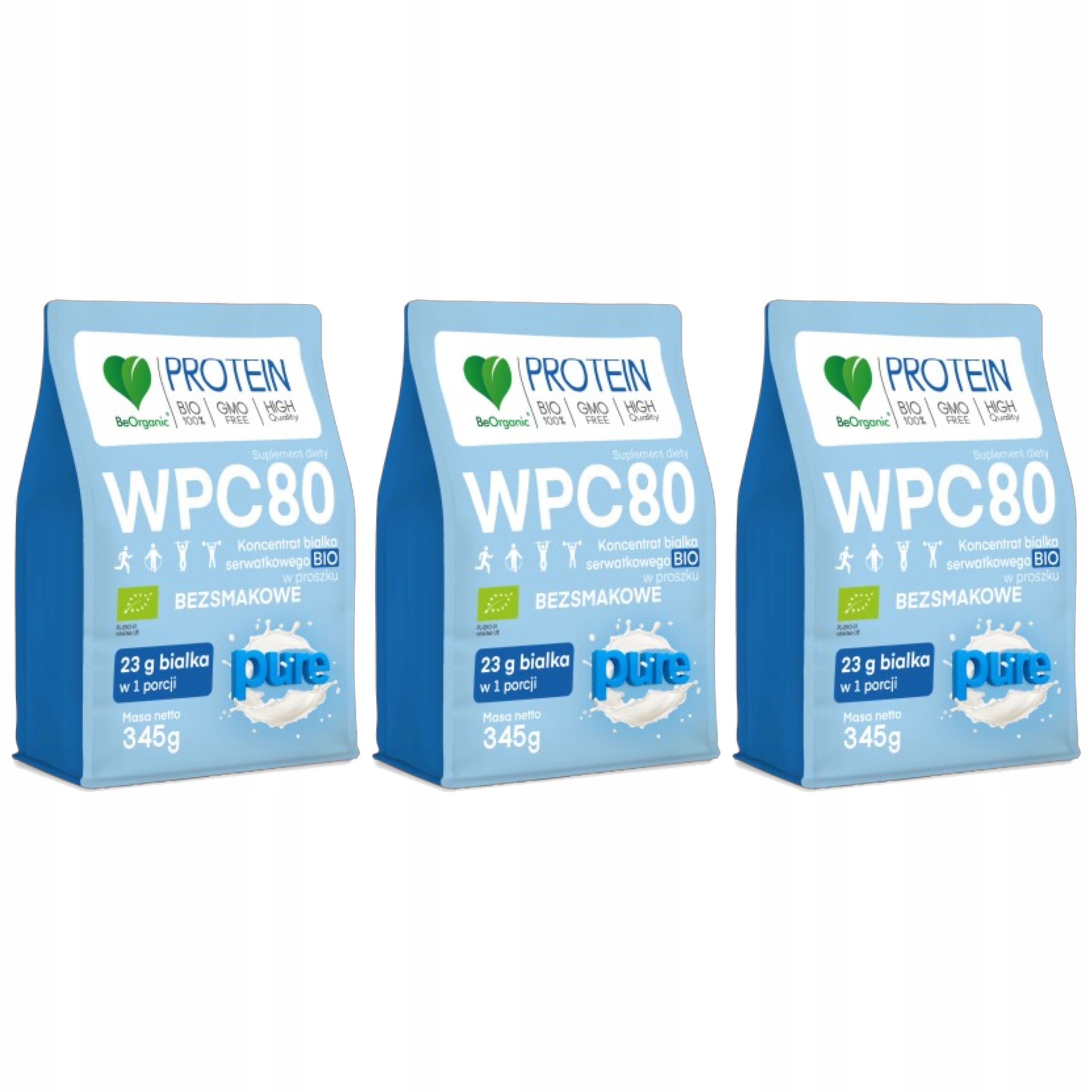 3x Syrovátkový Protein Wpc 80 Bio Ekologické 77% Bcaa 345 g BeOrganic Doplněk Stravy