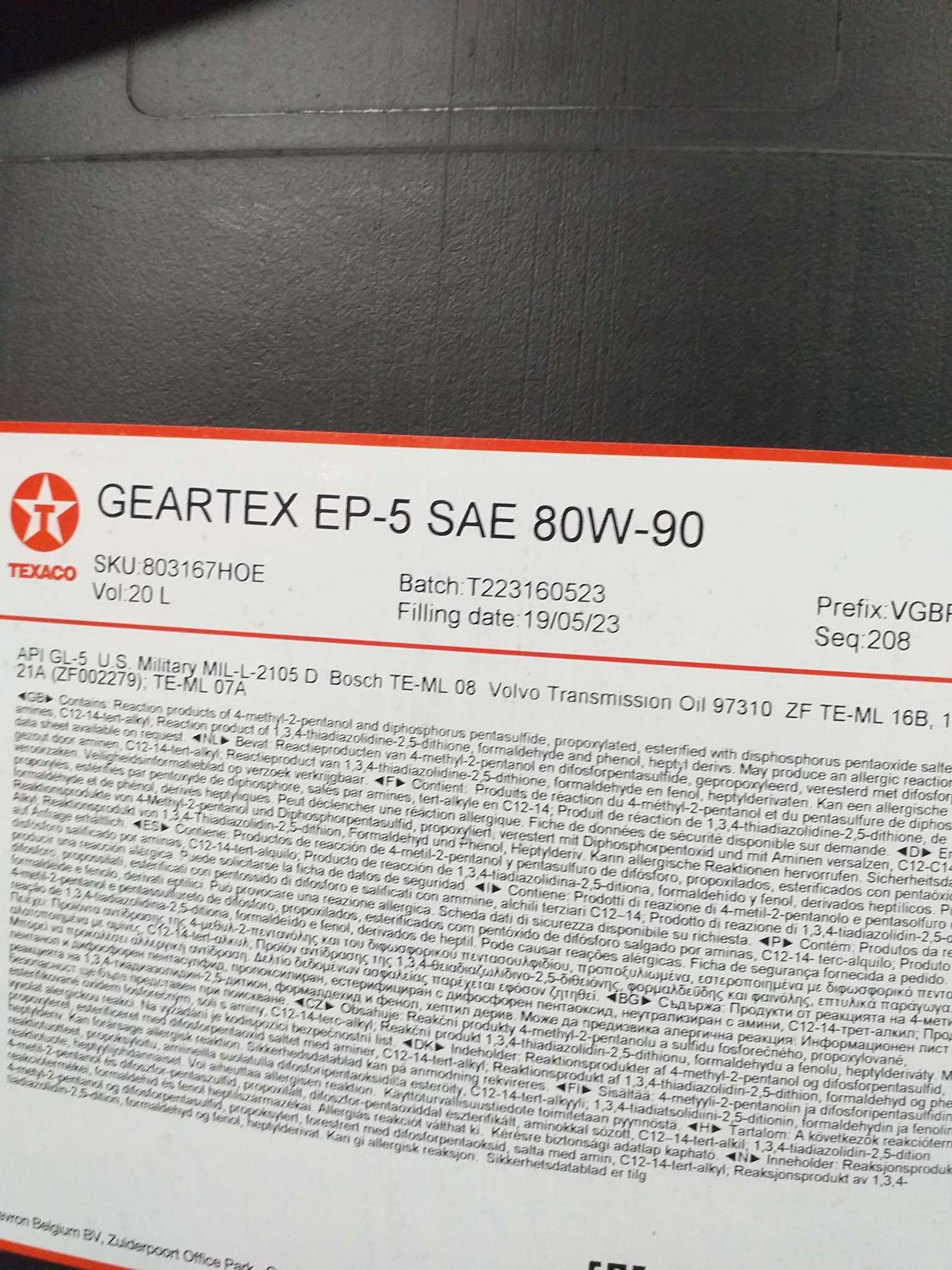 TEXACO Geartex EP-5 80W90 20L GL5 Producent Texaco