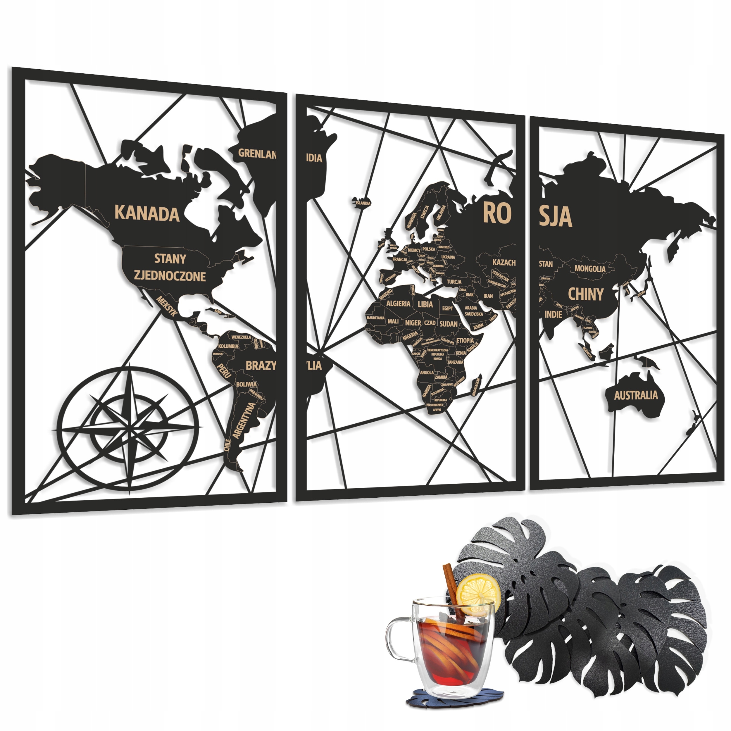 Dřevěná mapa světa Nástěnný prolamovaný panel Triptych Obraz na zeď 95x170
