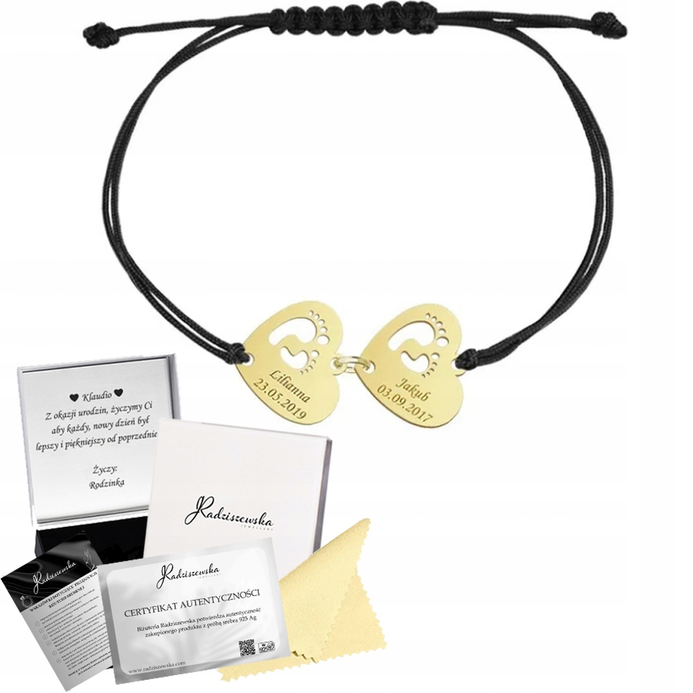 Náramek Zlaté srdce Chodidla Stříbro 925 Gravírování Šňůra Šperky Dárek