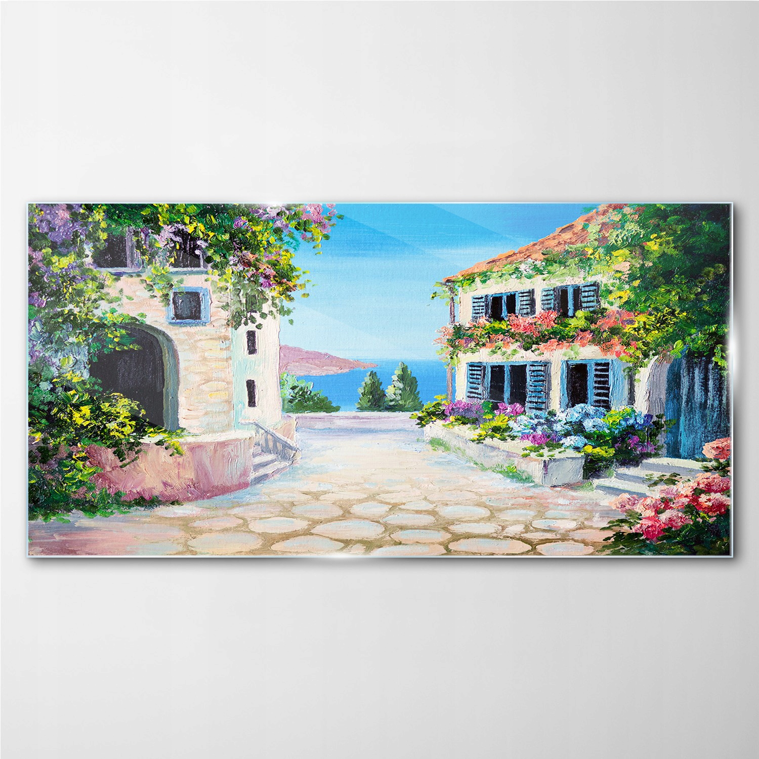 

Foto-obraz szklany Santorini morze kwiaty 140x70