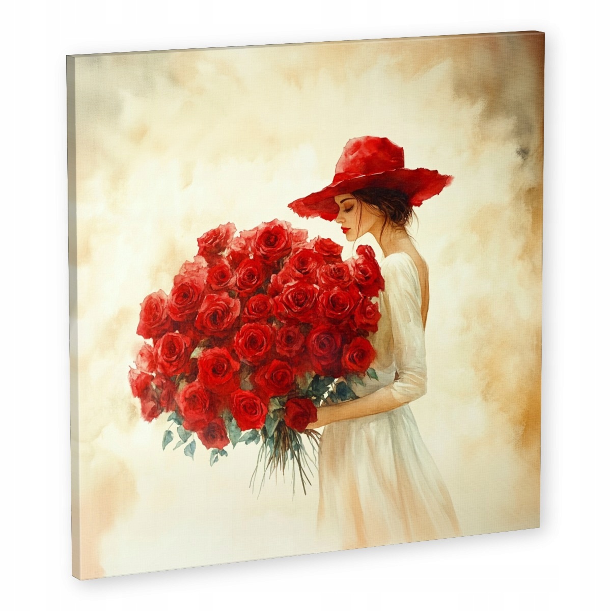 Obraz Na Plátně Canvas Žena V Červeném Klobouku S Růžemi 50x50