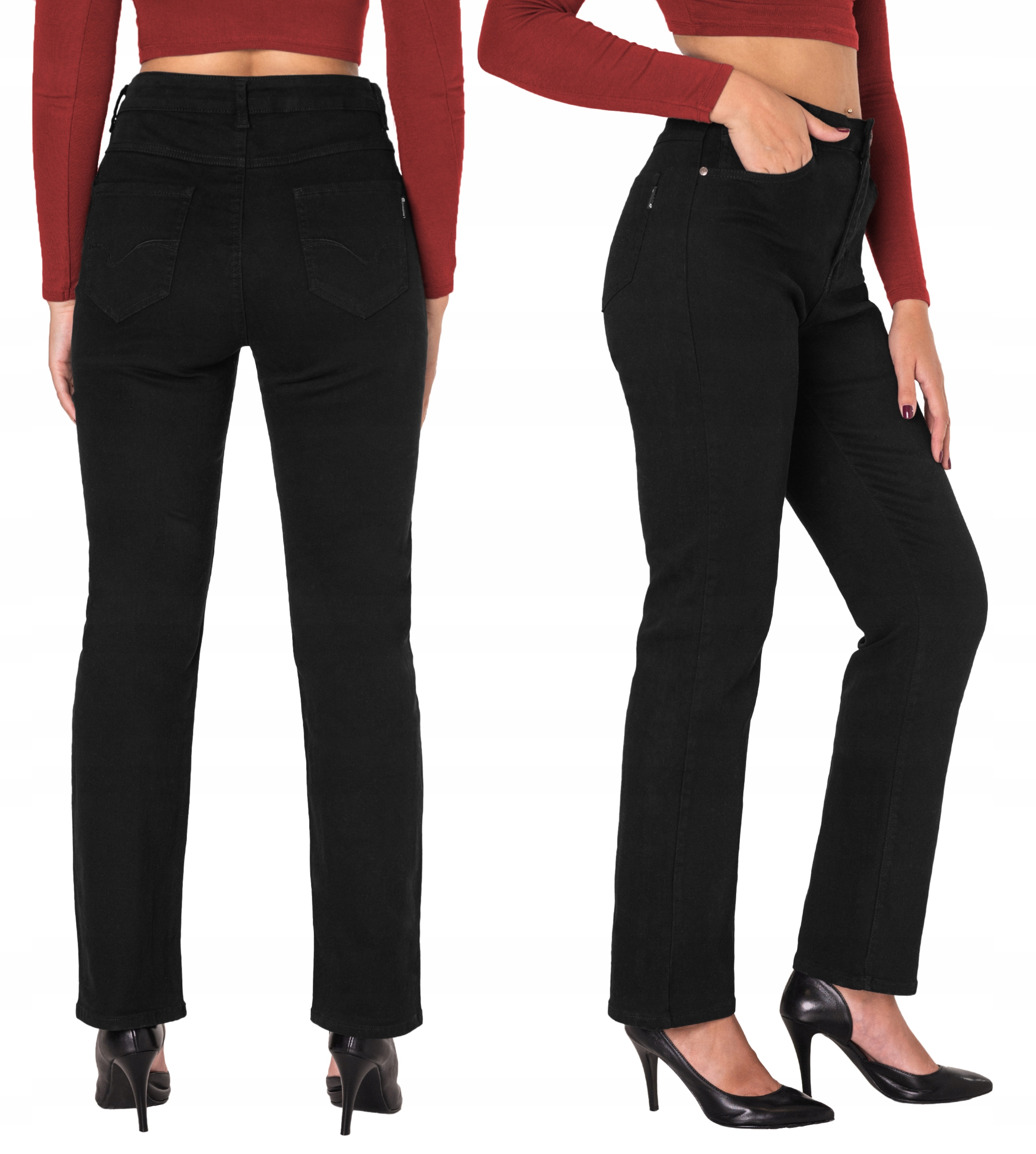 Czarne Spodnie Jeansy Damskie Prosta Nogawka Wysoki Stan 1859 37