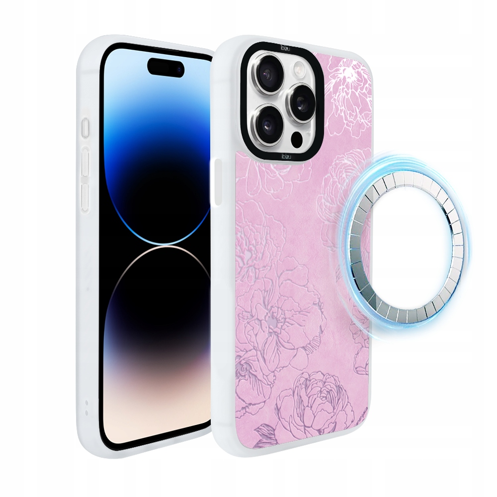 Pouzdro pro iPhone 14 Pro Ibizu DropGuard Matt s MagSafe, růžové pivoňky, bílé