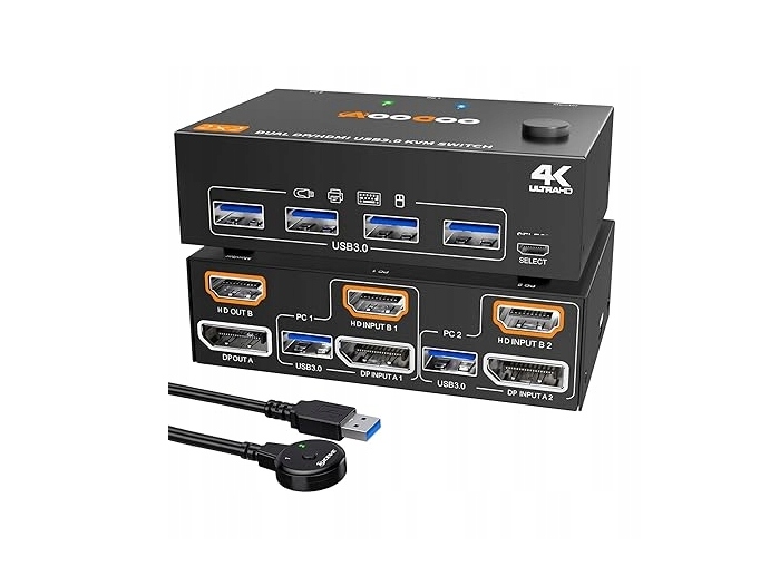 KVM Switch 2 PC 2 monitory DP + HDMI 4K60Hz KVM202DH USB 3.0 DisplayPort