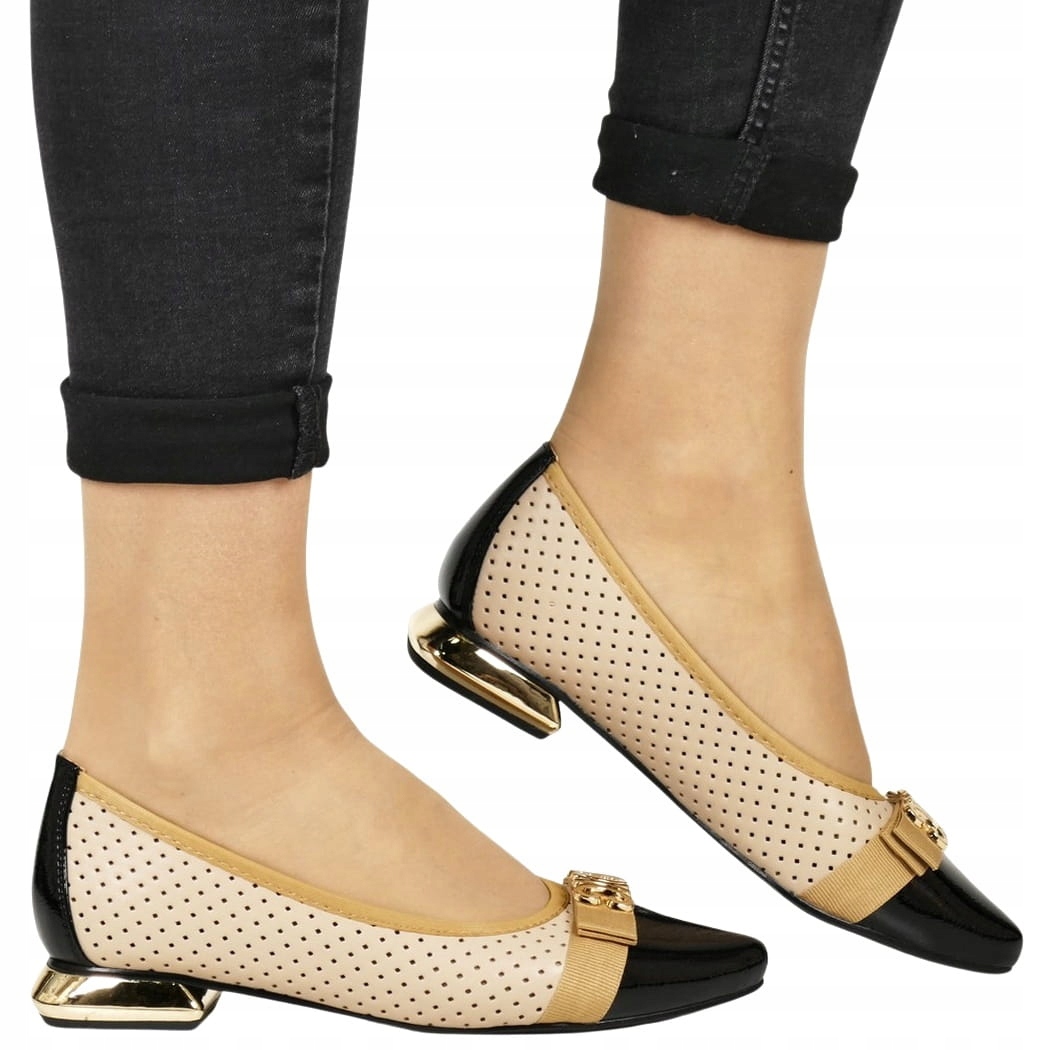 iButy Elegantní Balerínky Polobotky Ažurové Zlaté Podpatek Béžové Černé Zlaté