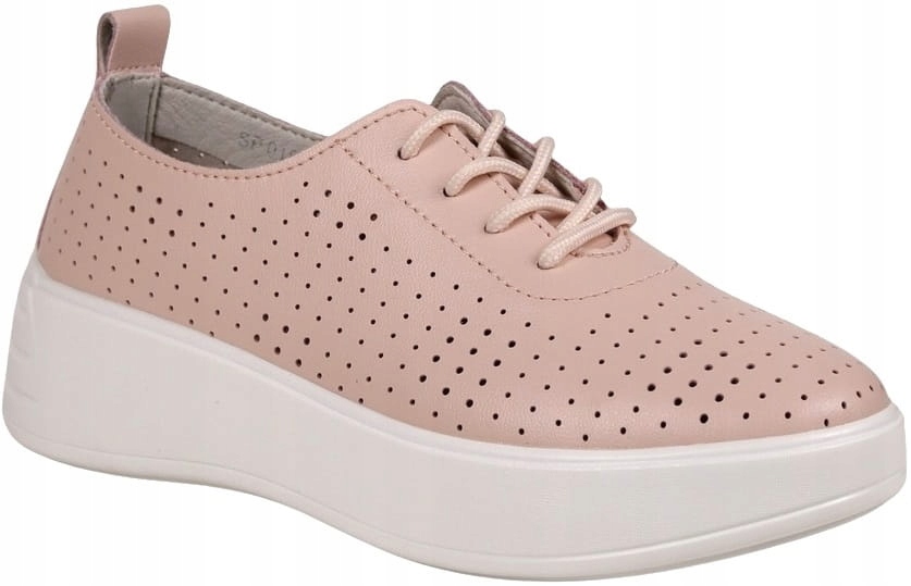 PÓŁBUTY SNEAKERSY AŻUROWE ZE SKÓRY NA KOTURNIE RÓŻOWE PASTELOWE Wzór dominujący bez wzoru