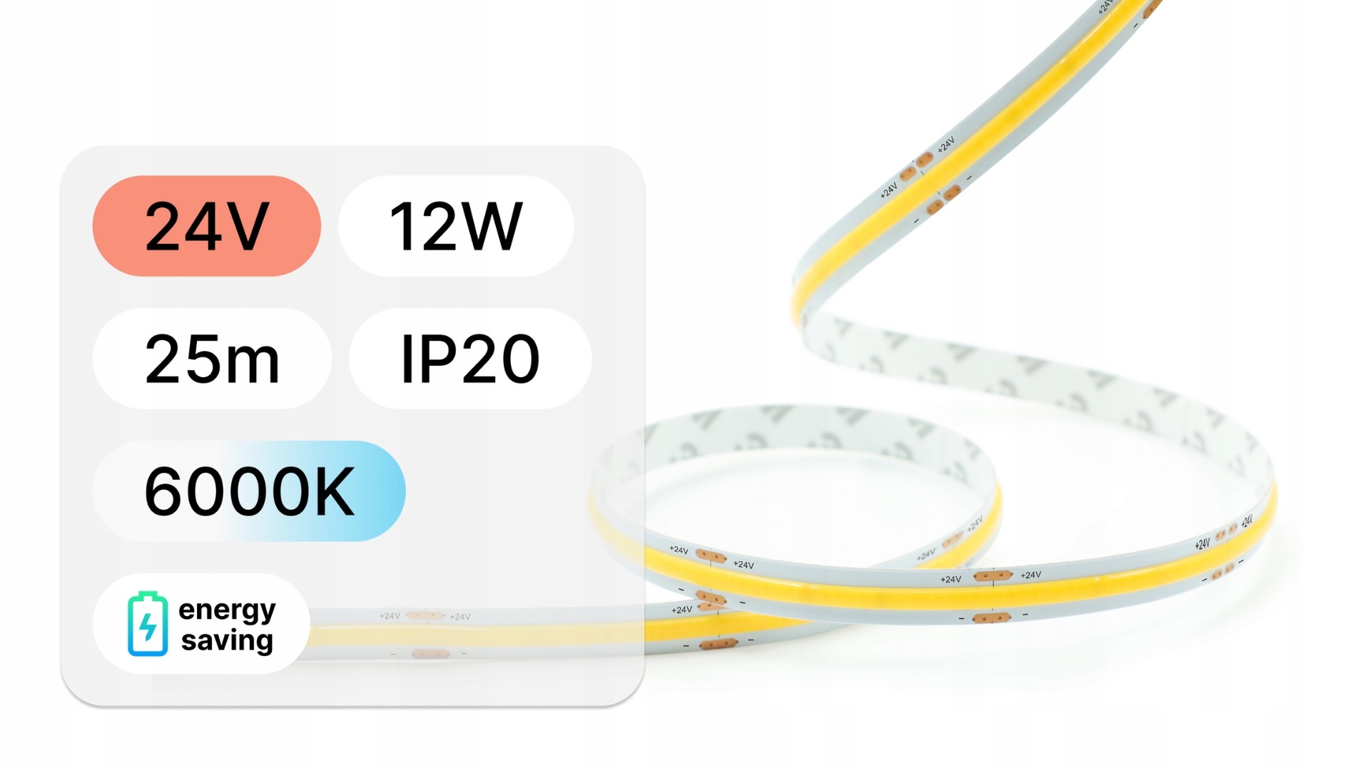 25mb Led Páska 24V Cob 12W 480LED IP20 6000K 140lm/W 10mm