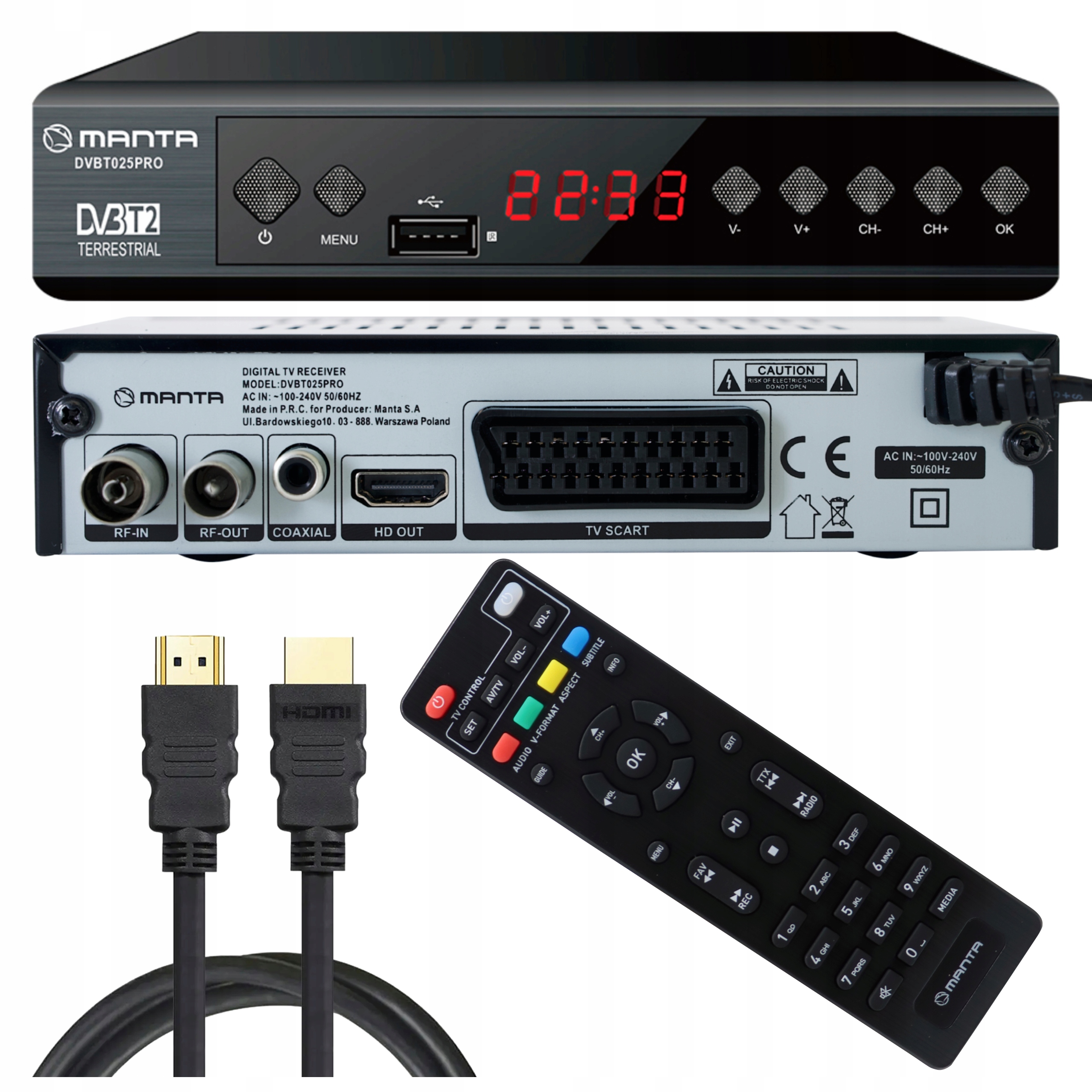 Tuner Dekoder DVBT2 Dvbt 2 Tv Naziemnej Hevc H.265 Hdmi Fhd Usb Kabel Hdmi