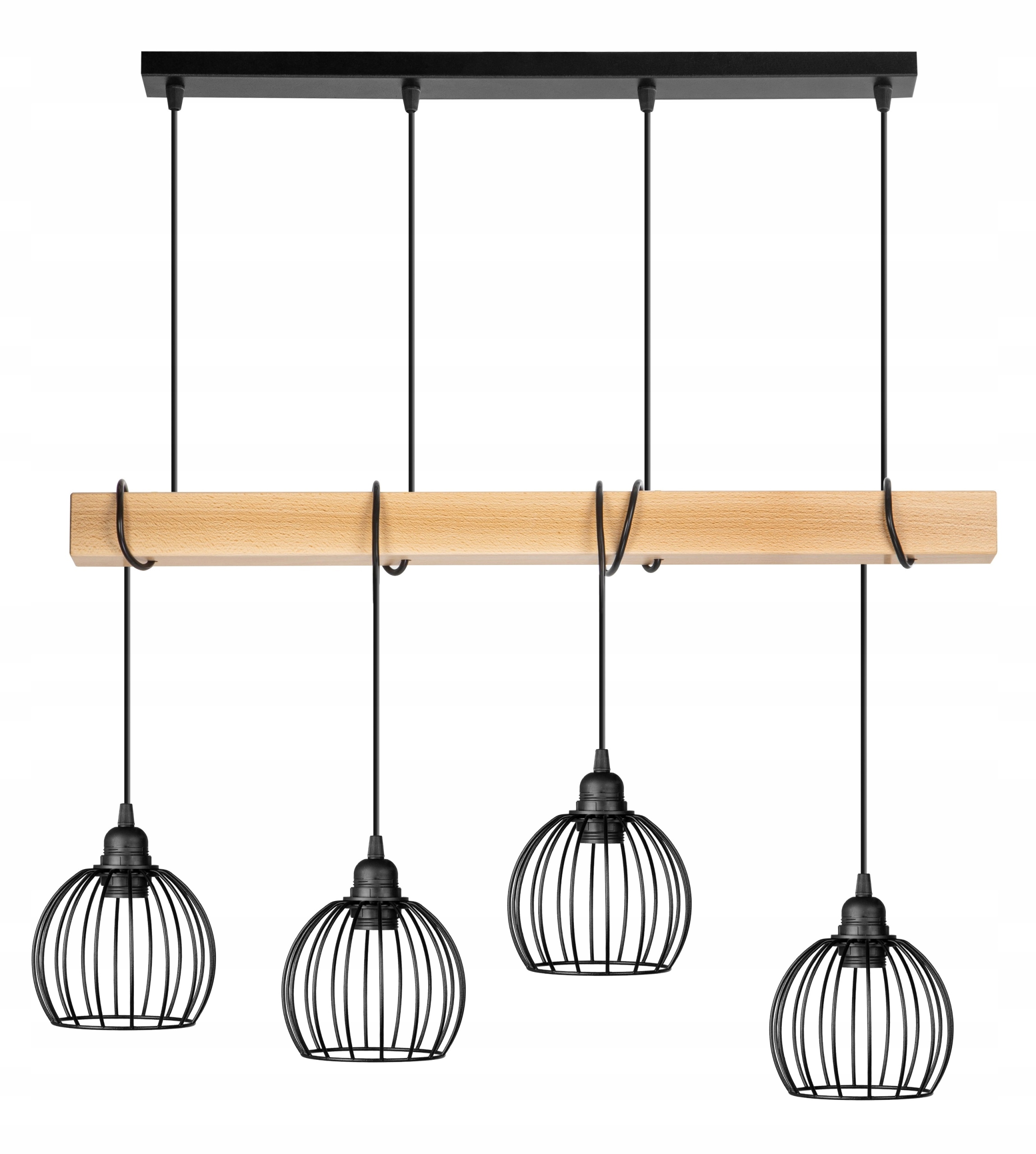 Lampa wisząca Belka Drewniana buk 4x Kula Diament Loft czarna