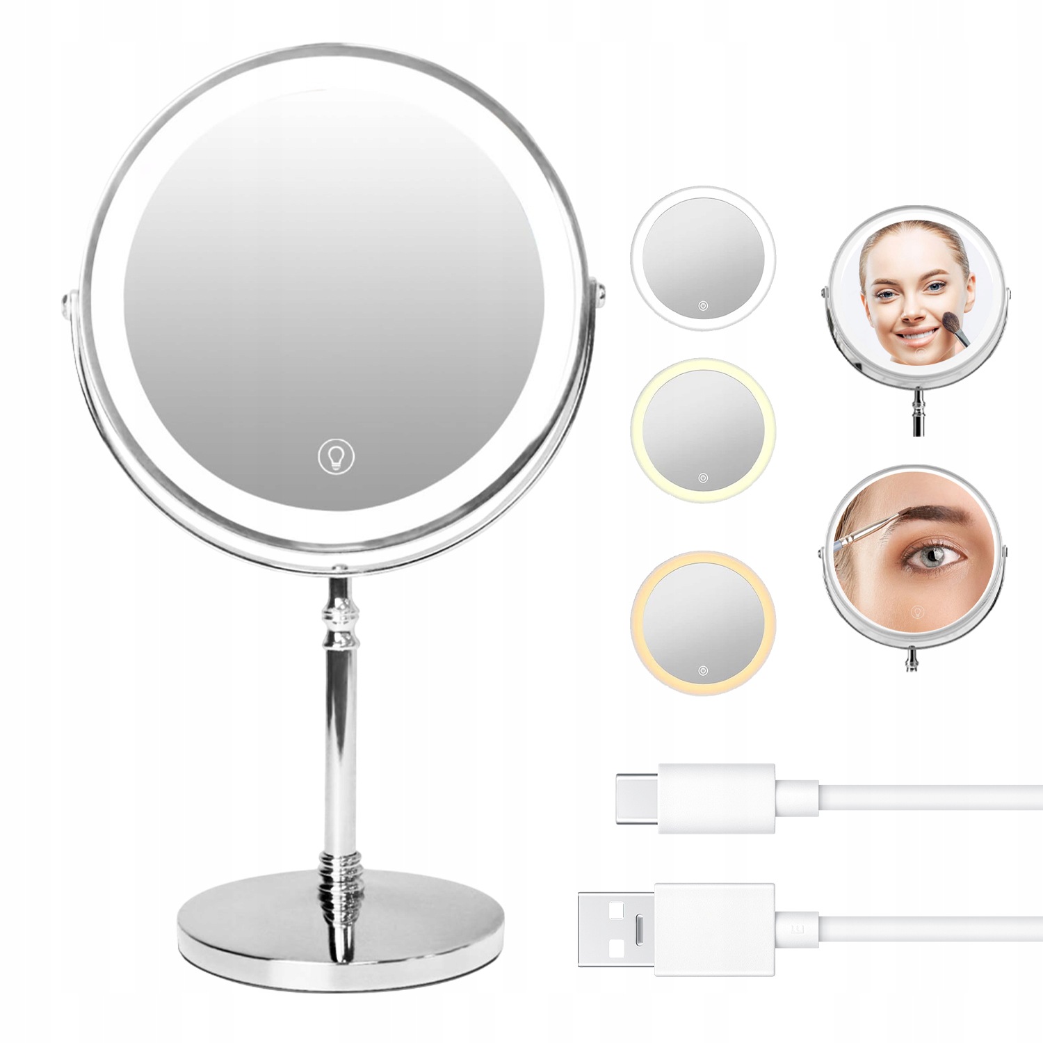 Kosmetické Zrcátko Pro Líčení S Led Podsvícením, 3 Režimy Světla, Stříbrné