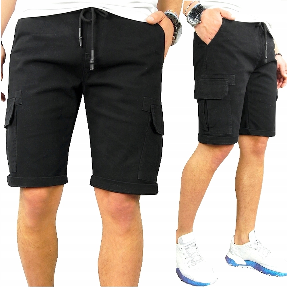 Krótkie Spodenki męskie Bojówki Z Kieszeniami Czarne jeans Pas z Gumką r. L