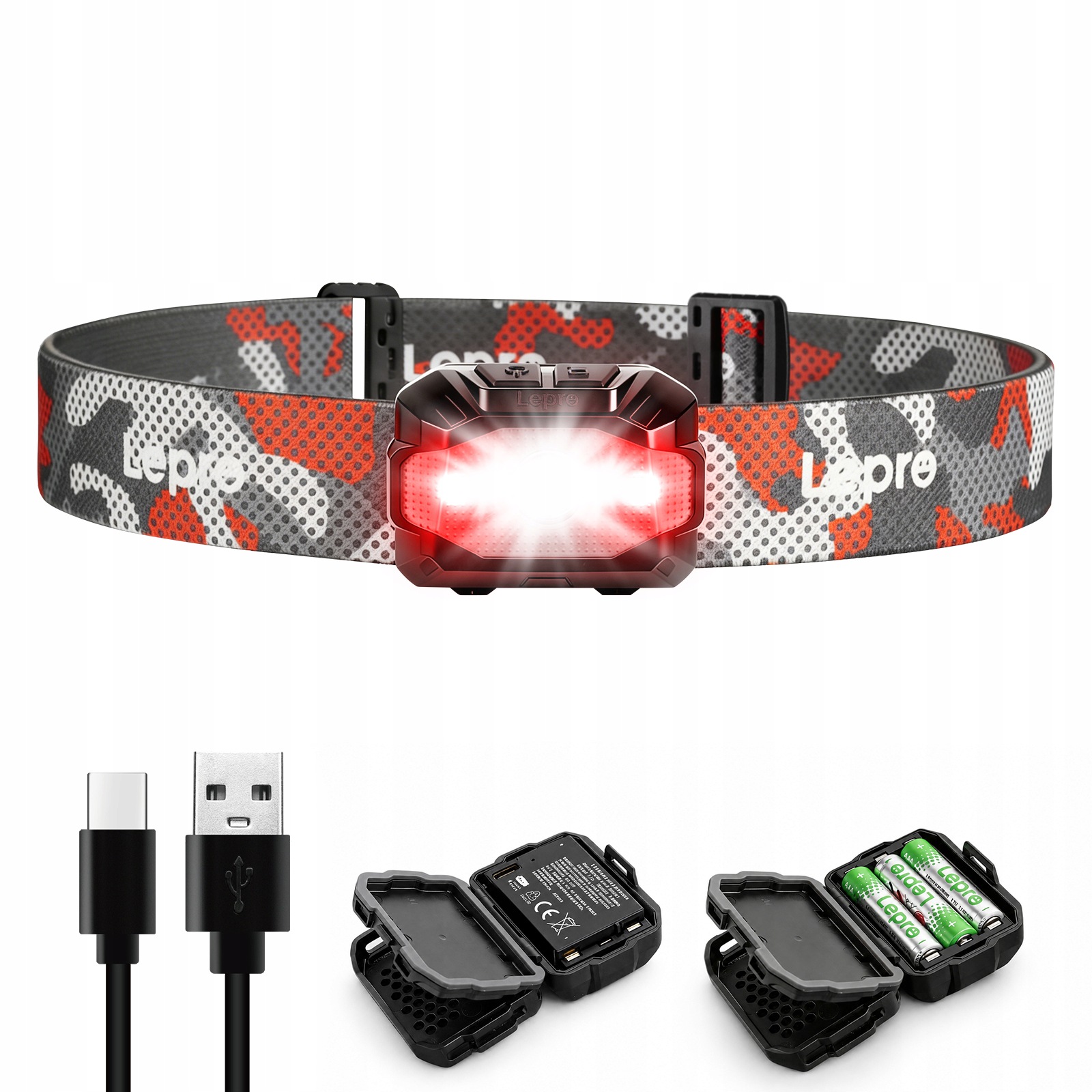 Latarka Czołowa Led Akumulatorowa Usb 10 Trybów Aaa Baterie Wodoodporna